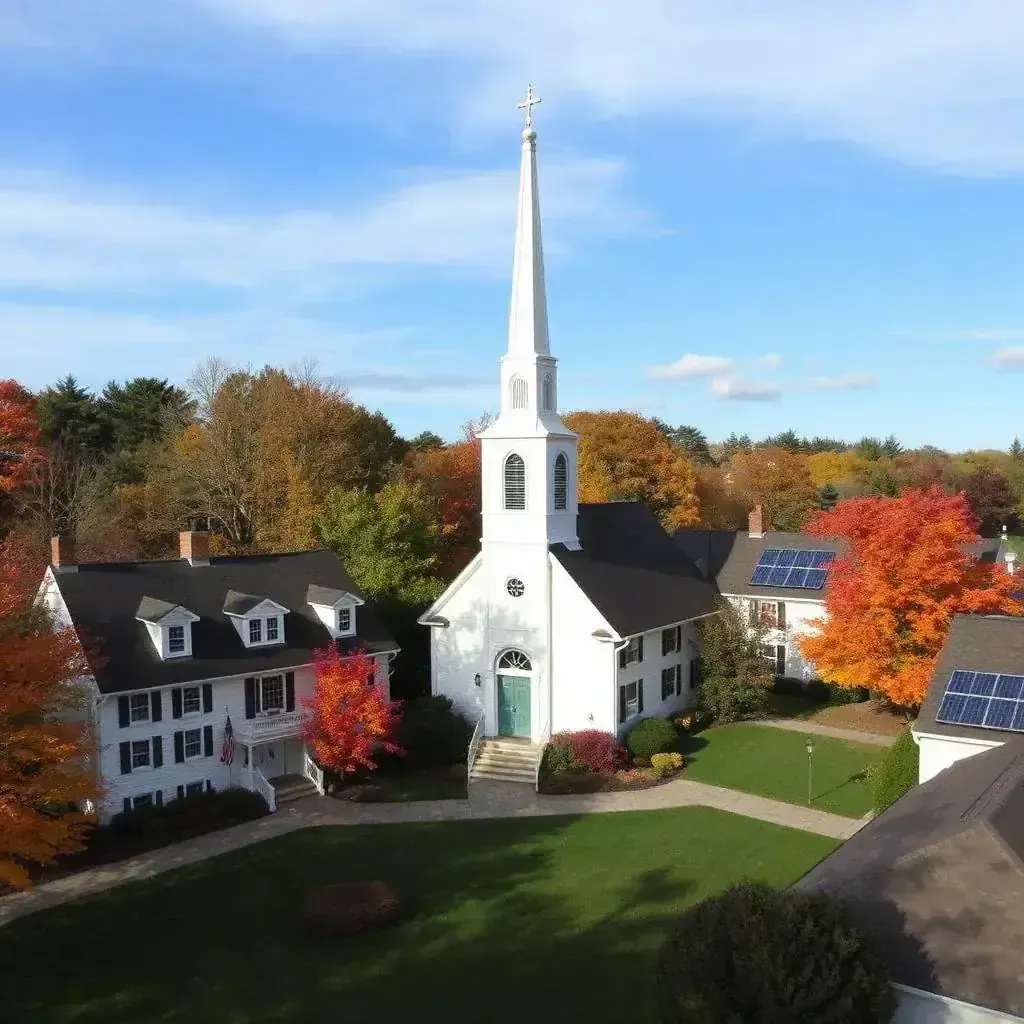 Connecticut town with solar panels on colonial-style homes during autumn foliage