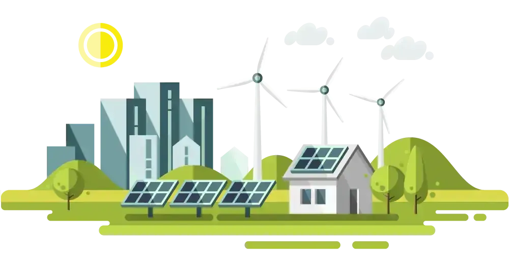 Solar panels, wind turbines, and green energy illustration