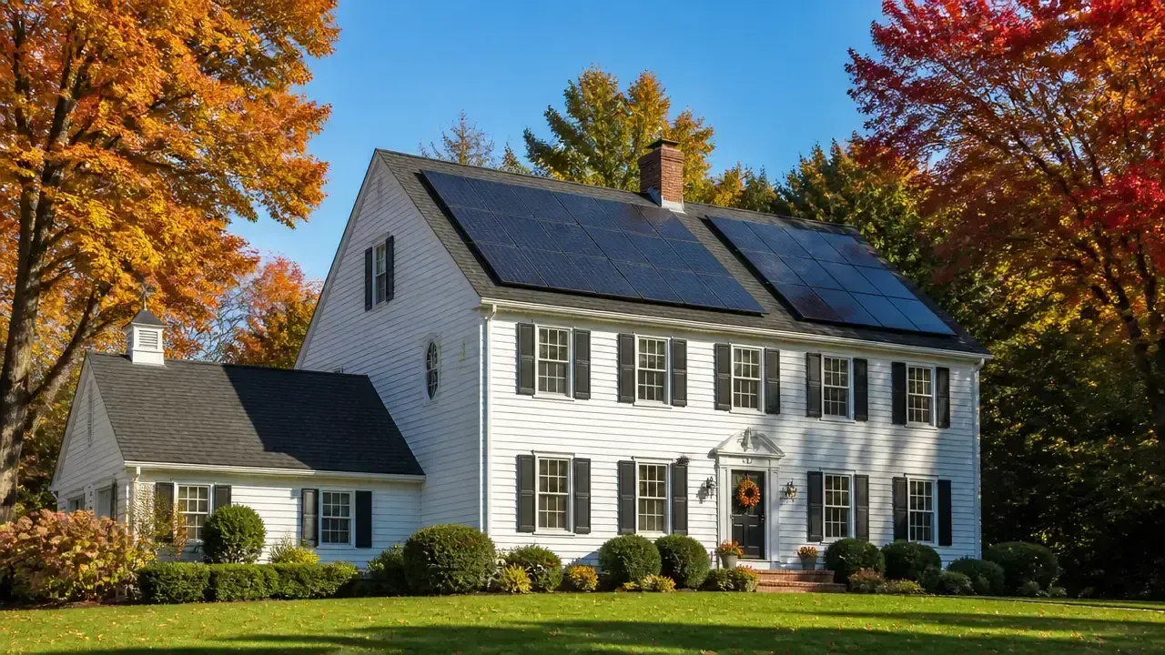 Solar panels installed on a classic New England colonial home with dark asphalt shingle roof surrounded by autumn foliage in Massachusetts