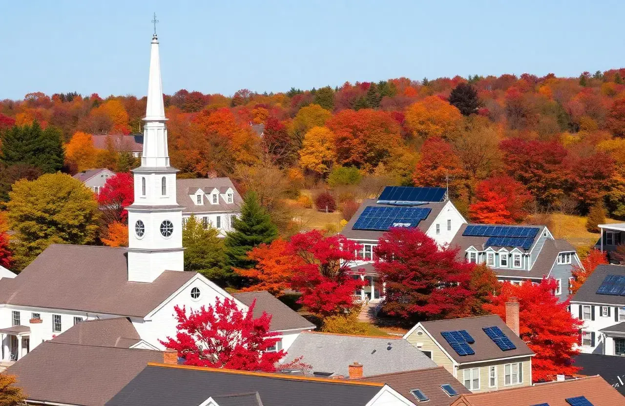 Massachusetts town with solar panels on colonial-style homes during autumn foliage