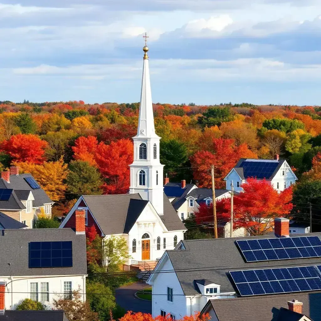 Rhode Island town with solar panels on colonial-style homes during autumn foliage